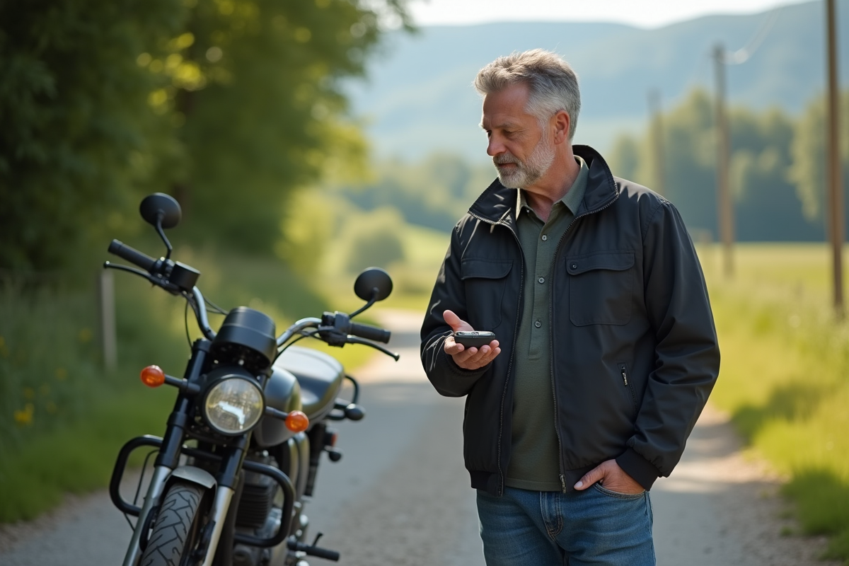 Homme examinant un dispositif Monimoto près d'une moto en nature