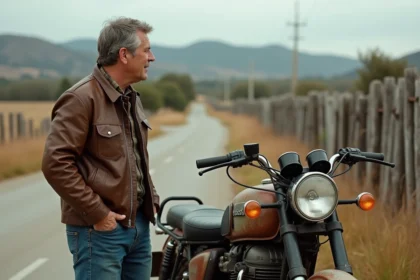 Homme d'âge moyen près d'une vieille moto nostalgique