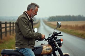 Homme d'âge moyen vérifiant l'odomètre de sa moto à la campagne