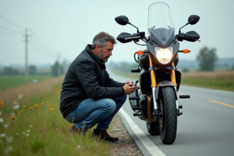 Homme d'âge moyen vérifiant le compteur de sa moto en campagne