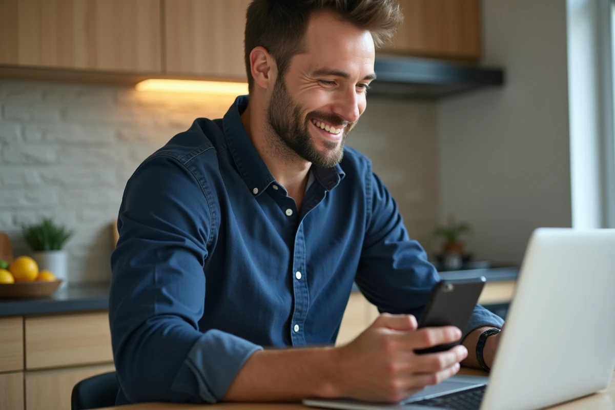 Homme en cuisine utilisant un ordinateur pour acheter des pièces auto
