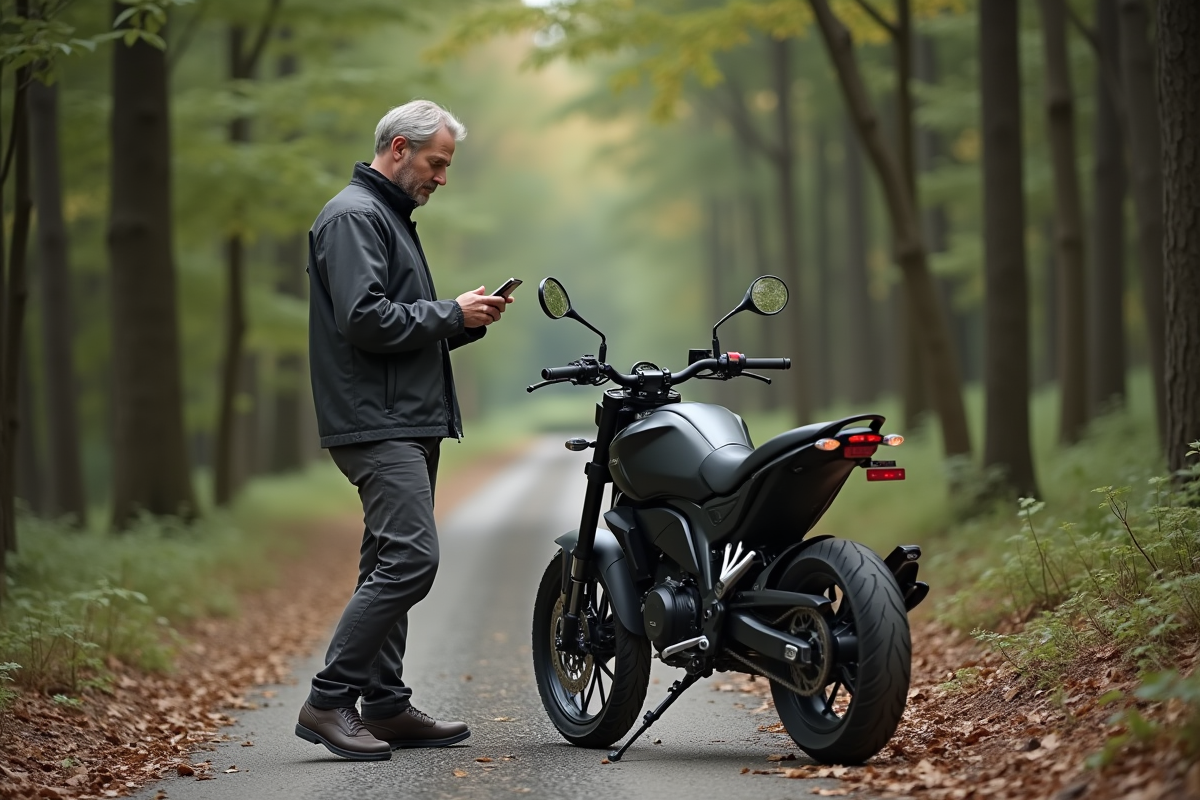 Homme regardant une carte près de sa moto électrique en forêt