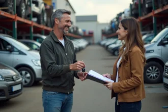 Homme souriant remettant les clés à une femme dans une casse auto
