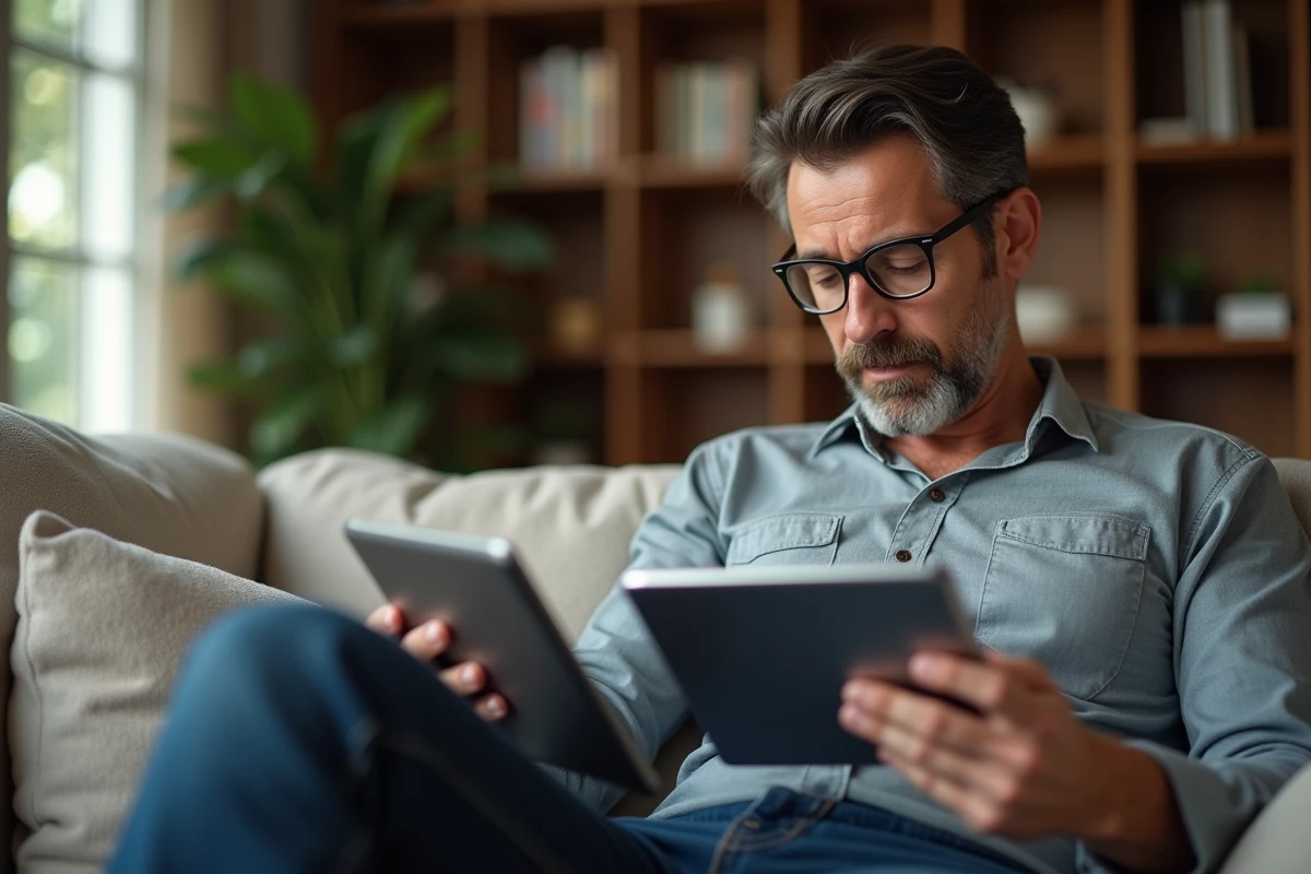 Homme dans un salon tenant deux tablettes en réflexion