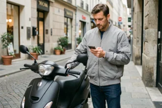 Homme consultant son téléphone à côté de son scooter en ville pour vérifier son assurance mensuelle