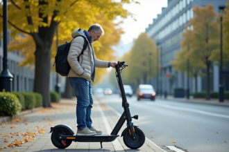 Homme d'âge moyen vérifiant la batterie de son scooter électrique en extérieur