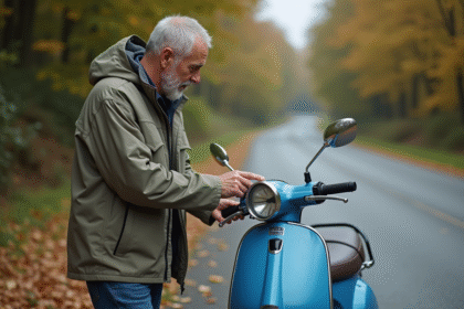 Homme d'âge moyen vérifiant le compteur sur son scooter bleu usé