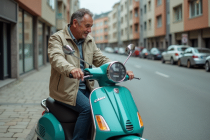 Homme d'âge moyen vérifiant le compteur de son scooter en ville