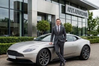 Homme élégant avec voiture de sport argentée devant concession