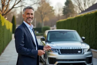 Homme en costume avec SUV dans une allée moderne