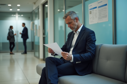 Homme inquiet avec avis de suspension dans un bureau administratif