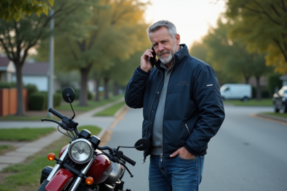 Homme d'âge moyen parlant au téléphone près d'une moto cassée