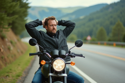 Homme en veste moto en pleine nature lors d'étirements