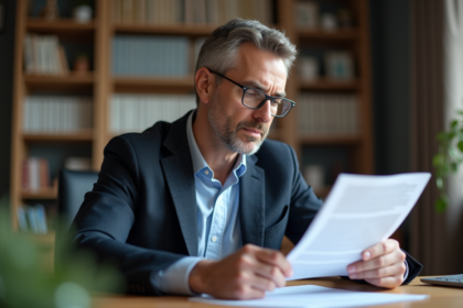 Homme d'âge moyen vérifiant une assurance voiture sur son bureau