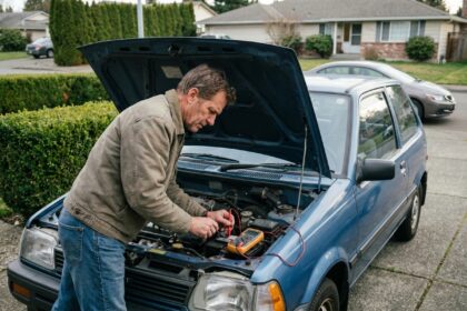 Homme vérifiant la batterie d'une voiture compacte en extérieur