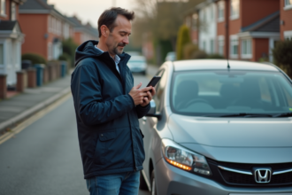 Homme vérifiant la plaque d'immatriculation de sa voiture