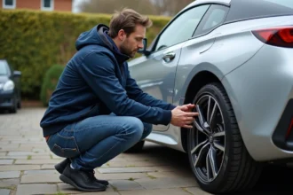 Homme vérifiant le pneu d'une voiture sportive en jardin