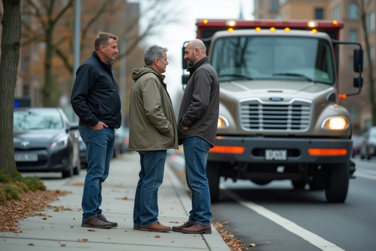Homme d'âge moyen parlant avec un agent municipal à côté de sa voiture en remorquage