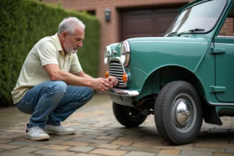 Homme inspectant une Mini Moke vintage dans une cour résidentielle
