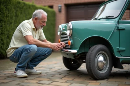 Homme inspectant une Mini Moke vintage dans une cour résidentielle