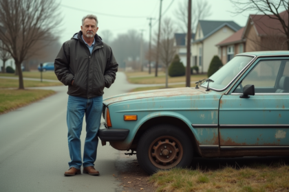Homme d'âge moyen à côté d'une vieille voiture abandonnée