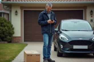 Homme regardant son téléphone près de sa voiture et colis