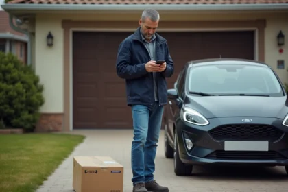 Homme regardant son téléphone près de sa voiture et colis