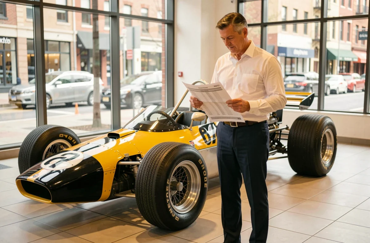 Homme examinant une fiche technique devant une voiture de course vintage dans un showroom automobile spécialisé