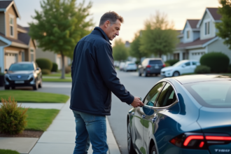 Homme examinant un panneau de porte mal aligné d'une voiture électrique