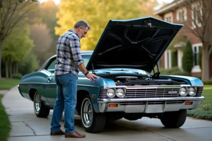 Homme d'âge moyen vérifiant le moteur d'une Impala 1967