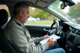 Homme d'âge moyen dans sa voiture en train de revoir ses papiers