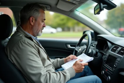 Homme d'âge moyen dans sa voiture en train de revoir ses papiers
