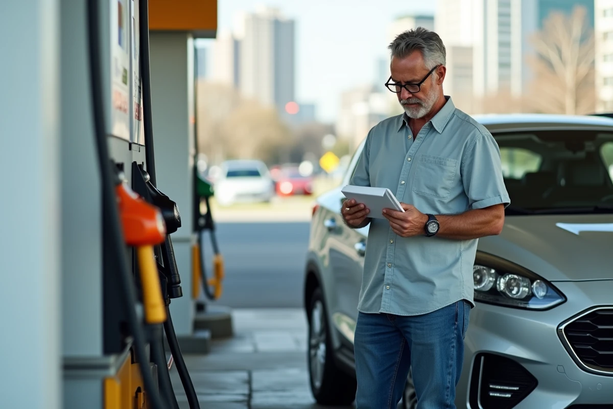 Homme d'âge moyen à la station essence urbaine