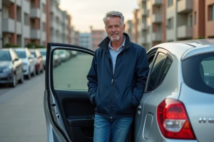 Homme devant sa voiture dans un parking résidentiel