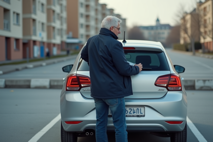 Homme fixant une plaque d'immatriculation sur sa voiture