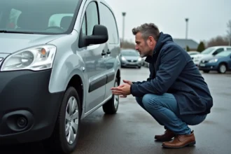 Homme inspectant la carrosserie d'un Peugeot Partner Tepee d'occasion dans un parking de concessionnaire, vérifiant les défauts avant achat