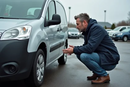 Homme inspectant la carrosserie d'un Peugeot Partner Tepee d'occasion dans un parking de concessionnaire, vérifiant les défauts avant achat