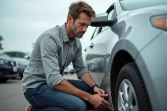 Homme inspectant la carrosserie d'une voiture d'occasion sur un parking avant achat