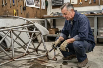 Homme inspectant le châssis tubulaire d'un kit car Saxo en cours d'assemblage dans un garage privé