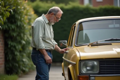 Homme inspectant une Renault 12 vintage dans la cour