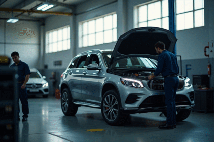 Voiture en inspection dans un garage lumineux avec mécanicien