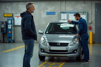 Homme attentif à côté de sa voiture lors d'une inspection automobile