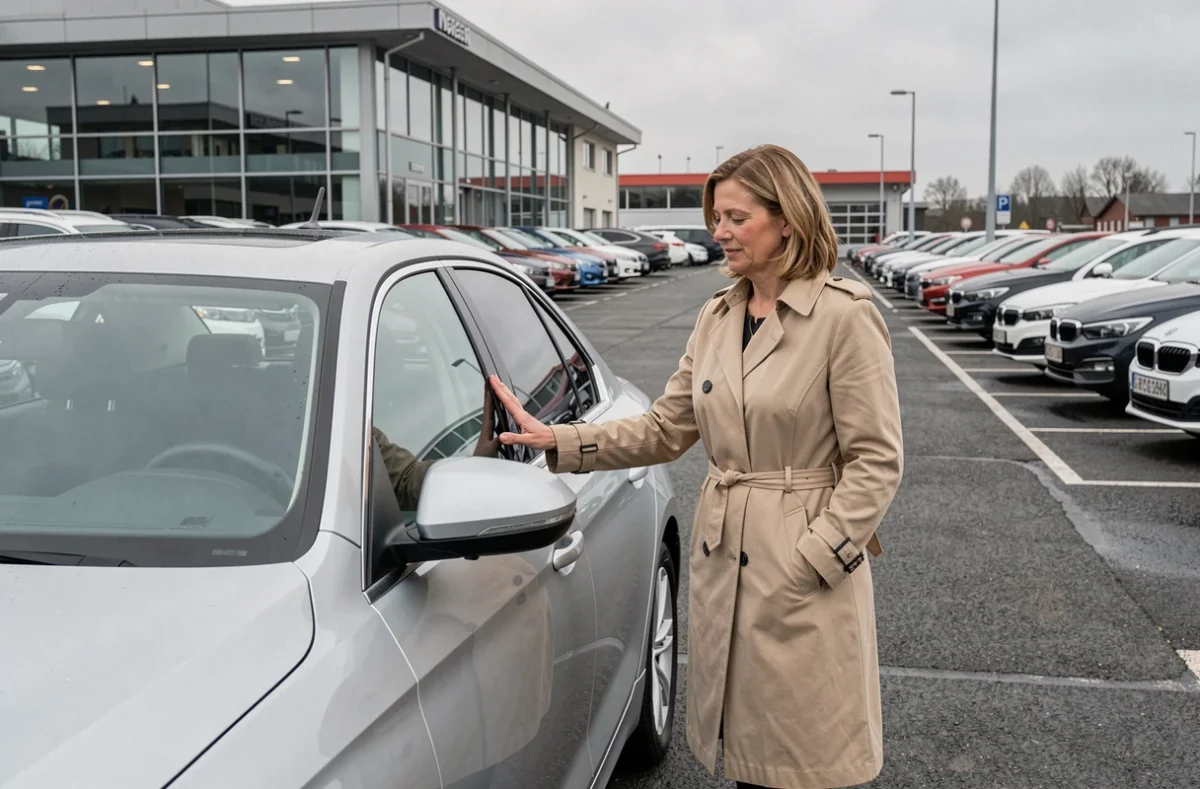 Femme inspectant une voiture d'occasion dans un parc automobile allemand lors d'un import auto