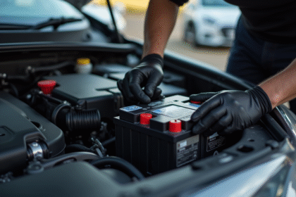 Personne installant une nouvelle batterie voiture en regardant de dessus