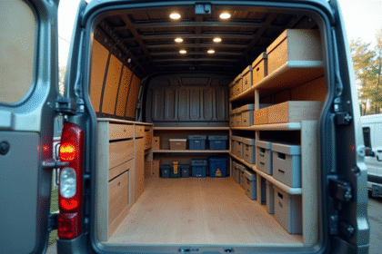 Intérieur organisé d'un Peugeot Expert cargo avec rangement et outils