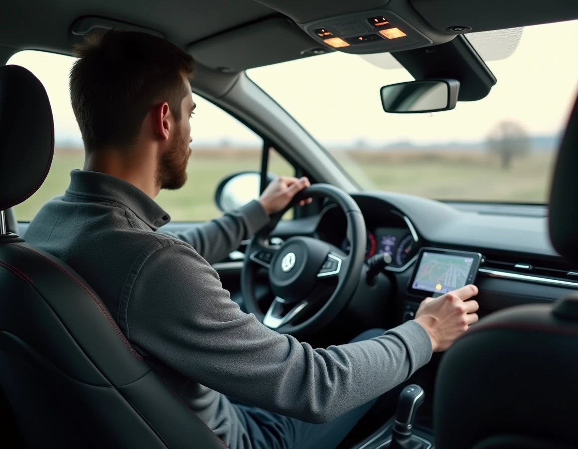 Conducteur au volant de la voiture la plus vendue en France, intérieur moderne et tableau de bord numérique