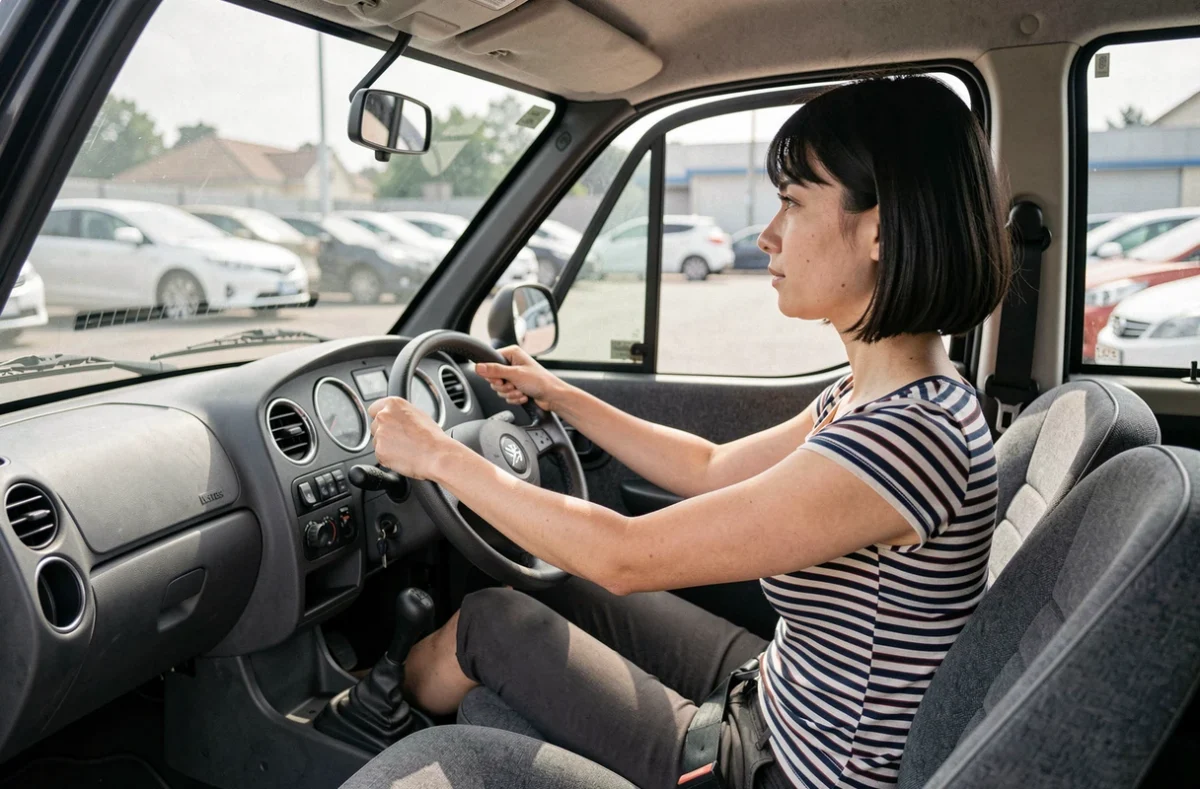 Femme assise au volant d'une voiture sans permis d'occasion inspectant l'intérieur