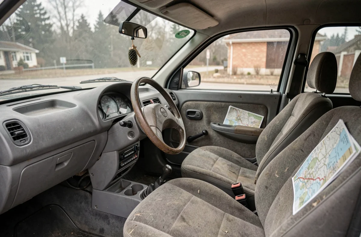Intérieur d'une voiture sans permis d'occasion avec tableau de bord simple, volant et sièges tissu usés