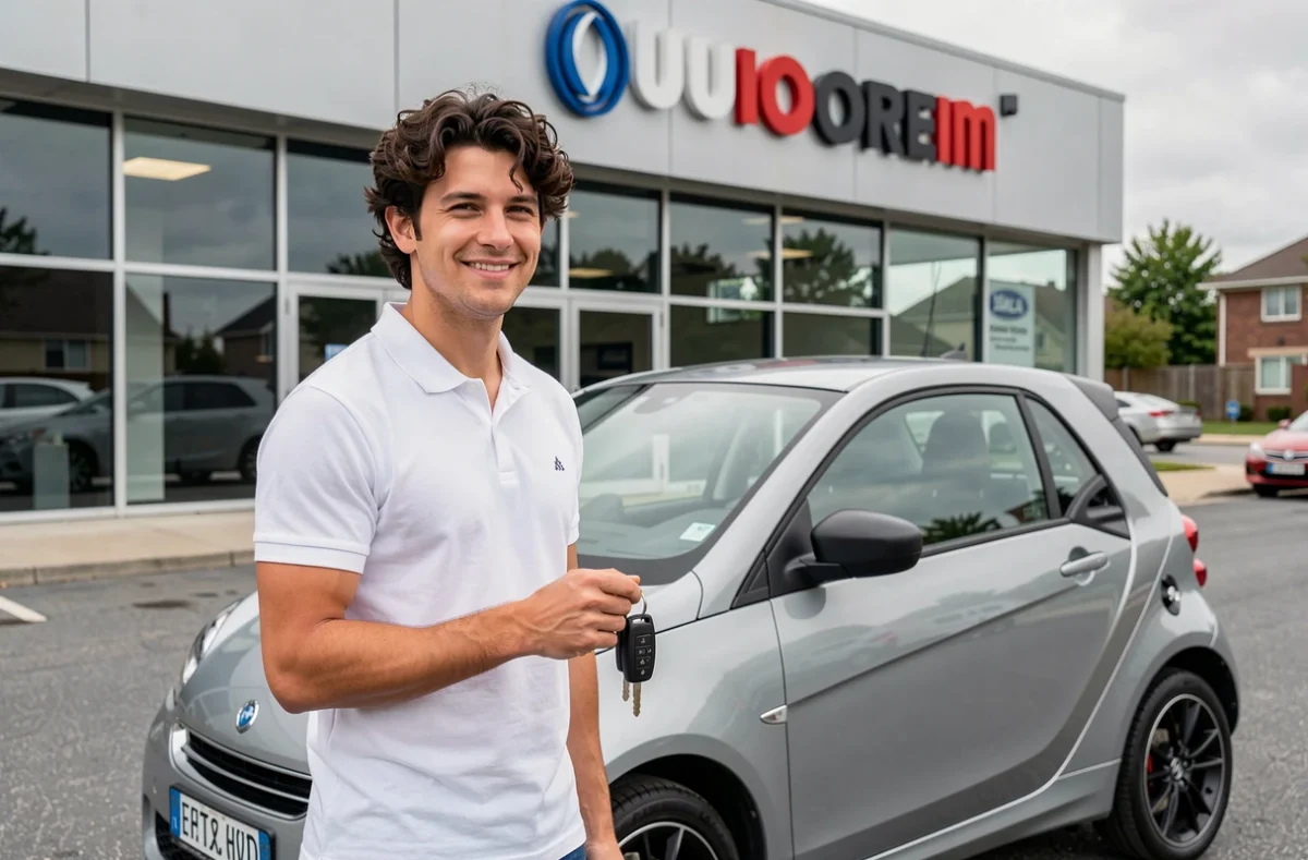 Un jeune homme souriant devant un concessionnaire avec les clés de sa nouvelle voiture sans permis