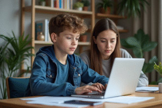 Adolescent avec sa mère lors d'une inscription en ligne